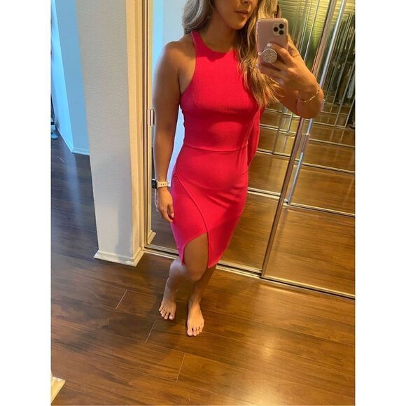 AQUA XS pink high neck bodycon slit mini dress - Picture 4 of 4